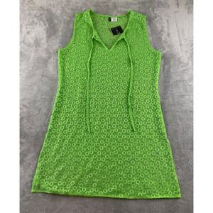 Manhattan Blues Womens XL Lime Green Crochet Circle Knit V-Neck Cover Up Dress